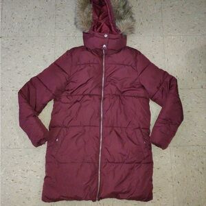 Old Navy Maroon Puffer Jacket with Faux Fur Hood
